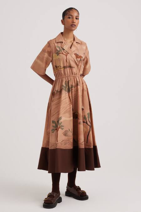 Cord_Brown Cotton Satin Collared Derby Print Dress_at_Aza_Fashions
