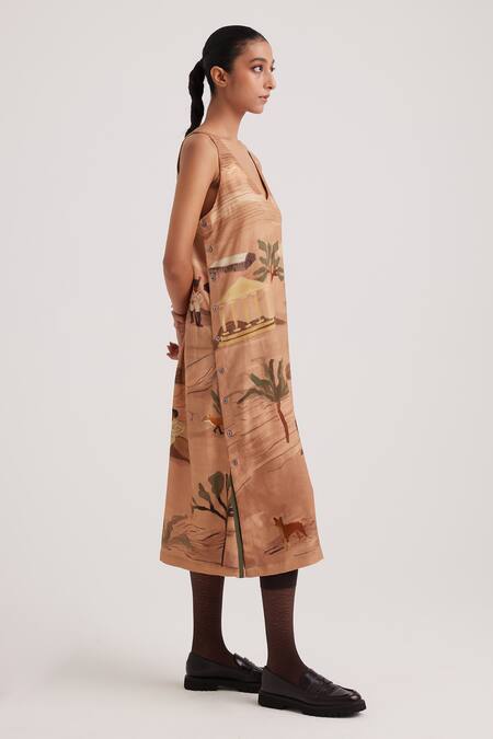 Cord_Brown Rayon V-neck Zen Derby Print Dress_Online_at_Aza_Fashions
