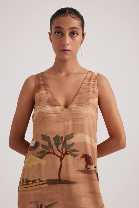Buy_Cord_Brown Rayon V-neck Zen Derby Print Dress_Online_at_Aza_Fashions