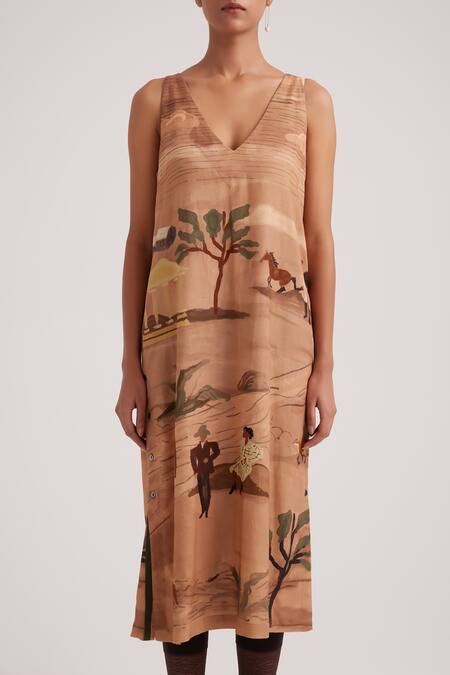 Shop_Cord_Brown Rayon V-neck Zen Derby Print Dress_Online_at_Aza_Fashions
