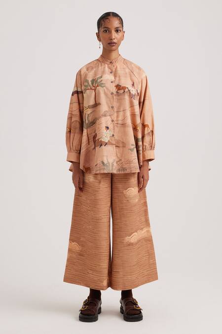 Cord_Brown Cotton Satin Bandeau Neck Derby Print A-line Shirt_Online_at_Aza_Fashions