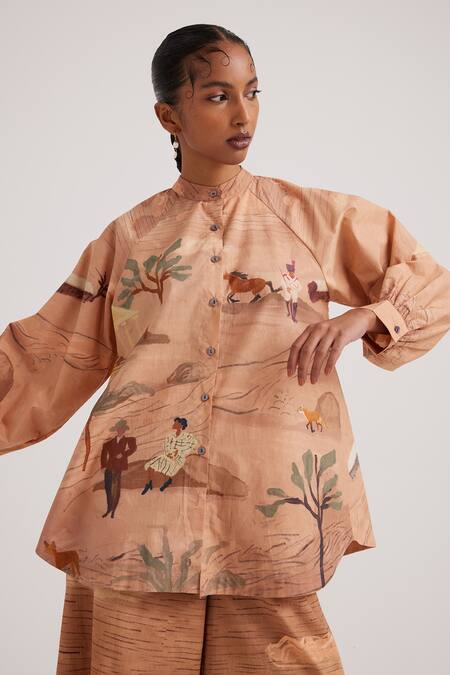 Buy_Cord_Brown Cotton Satin Bandeau Neck Derby Print A-line Shirt_Online_at_Aza_Fashions