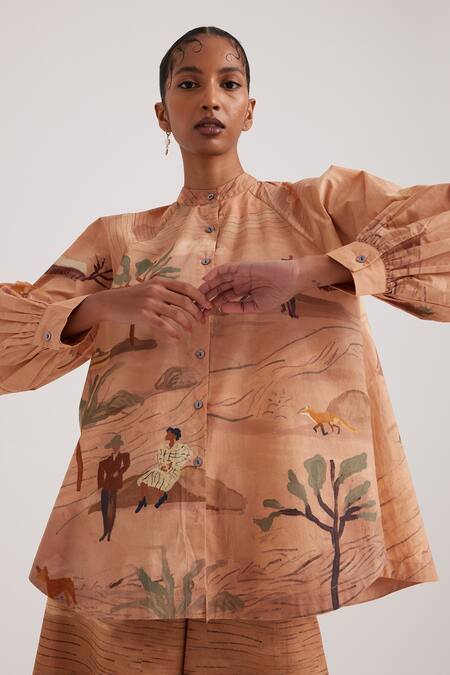 Shop_Cord_Brown Cotton Satin Bandeau Neck Derby Print A-line Shirt_Online_at_Aza_Fashions