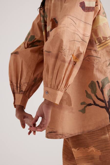 Cord_Brown Cotton Satin Bandeau Neck Derby Print A-line Shirt_at_Aza_Fashions