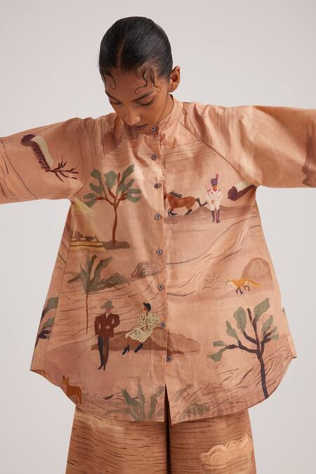 Buy_Cord_Brown Cotton Satin Bandeau Neck Derby Print A-line Shirt