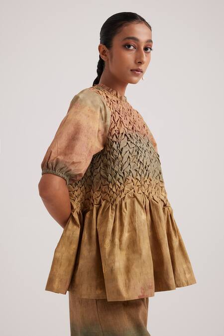 Cord_Brown Poplin Embroidery Round Neck Amelia Impression Hand Painted Peplum Top_Online_at_Aza_Fashions