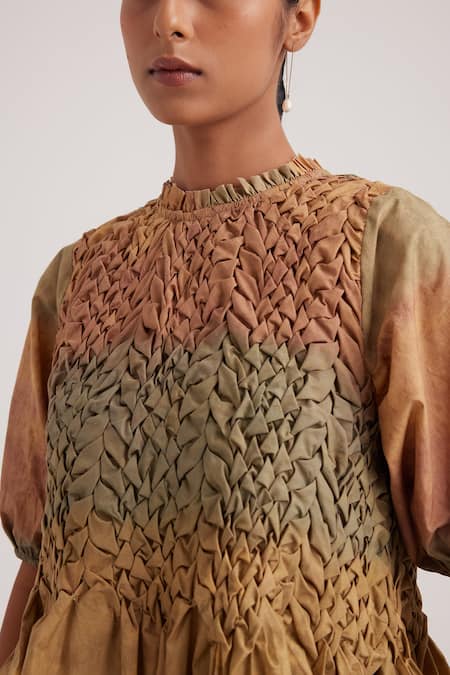 Buy_Cord_Brown Poplin Embroidery Round Neck Amelia Impression Hand Painted Peplum Top_Online_at_Aza_Fashions