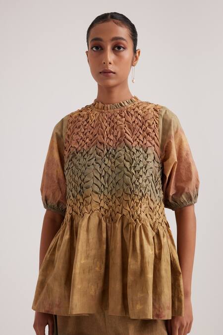 Shop_Cord_Brown Poplin Embroidery Round Neck Amelia Impression Hand Painted Peplum Top_Online_at_Aza_Fashions