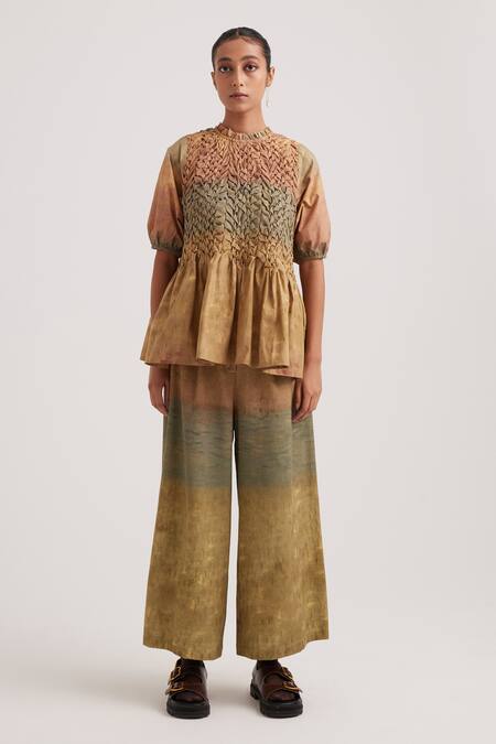 Cord_Brown Poplin Embroidery Round Neck Amelia Impression Hand Painted Peplum Top_at_Aza_Fashions