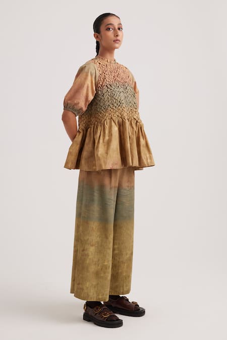 Buy_Cord_Brown Poplin Embroidery Round Neck Amelia Impression Hand Painted Peplum Top