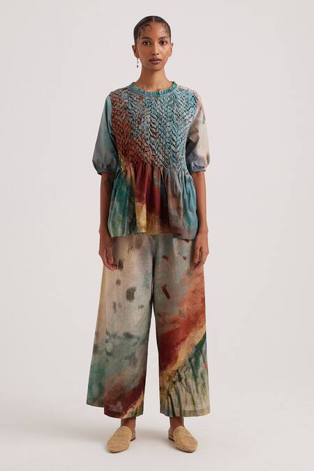 Cord_Multi Color Poplin Embroidery Round Neck Amelia Valley Hand Painted Peplum Top_Online_at_Aza_Fashions