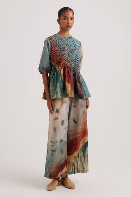 Buy_Cord_Multi Color Poplin Embroidery Round Neck Amelia Valley Hand Painted Peplum Top_Online_at_Aza_Fashions