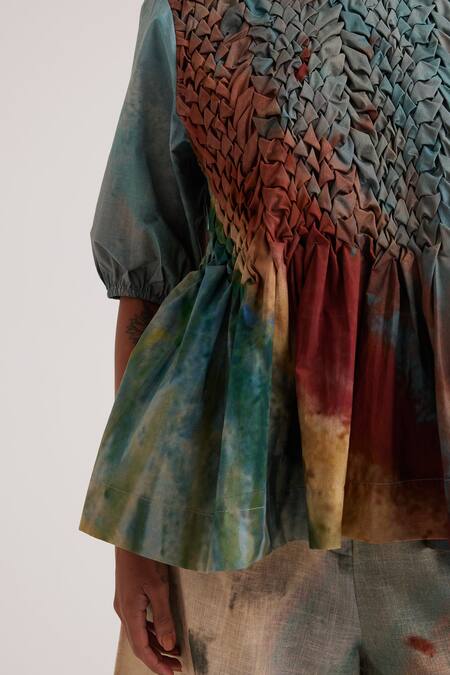 Shop_Cord_Multi Color Poplin Embroidery Round Neck Amelia Valley Hand Painted Peplum Top_Online_at_Aza_Fashions