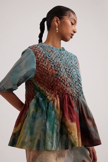 Cord_Multi Color Poplin Embroidery Round Neck Amelia Valley Hand Painted Peplum Top_at_Aza_Fashions