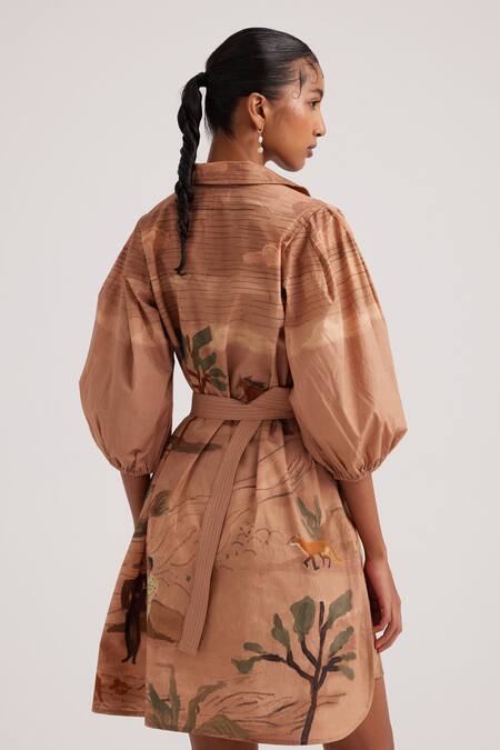 Shop Cord Brown Poplin Bows, Embroidery Collared Derby Print Asymmetric Short Dress at Aza Fashions Shop_Cord_Brown Poplin Bows, Embroidery Collared Derby Print Asymmetric Short Dress_at_Aza_Fashions