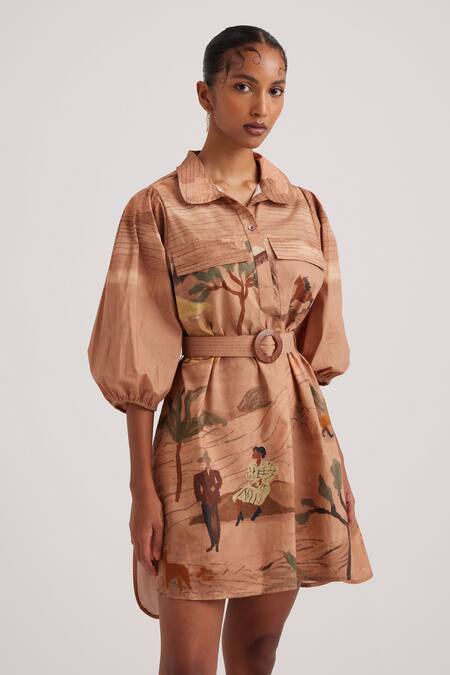 Cord Brown Poplin Bows, Embroidery Collared Derby Print Asymmetric Short Dress Online at Aza Fashions Cord_Brown Poplin Bows, Embroidery Collared Derby Print Asymmetric Short Dress_Online_at_Aza_Fashions