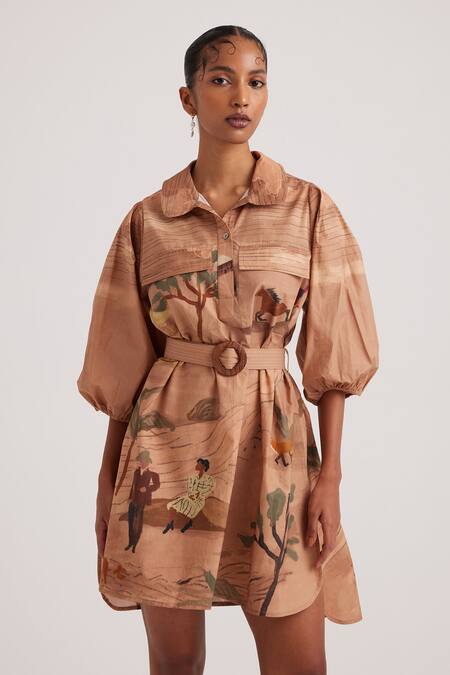 Buy Cord Brown Poplin Bows, Embroidery Collared Derby Print Asymmetric Short Dress Online at Aza Fashions Buy_Cord_Brown Poplin Bows, Embroidery Collared Derby Print Asymmetric Short Dress_Online_at_Aza_Fashions