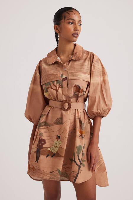 Shop Cord Brown Poplin Bows, Embroidery Collared Derby Print Asymmetric Short Dress Online at Aza Fashions Shop_Cord_Brown Poplin Bows, Embroidery Collared Derby Print Asymmetric Short Dress_Online_at_Aza_Fashions