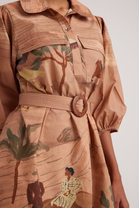 Cord Brown Poplin Bows, Embroidery Collared Derby Print Asymmetric Short Dress at Aza Fashions Cord_Brown Poplin Bows, Embroidery Collared Derby Print Asymmetric Short Dress_at_Aza_Fashions