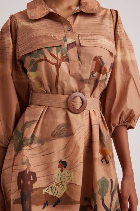 Buy Cord Brown Poplin Bows, Embroidery Collared Derby Print Asymmetric Short Dress Buy_Cord_Brown Poplin Bows, Embroidery Collared Derby Print Asymmetric Short Dress