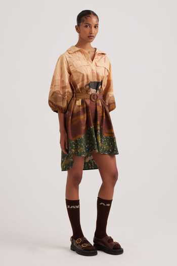 Cord_Brown Poplin Embroidery Collared Plateau Print Asymmetric Short Dress_Online_at_Aza_Fashions