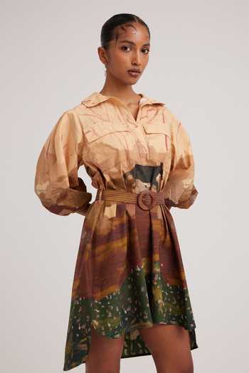 Buy_Cord_Brown Poplin Embroidery Collared Plateau Print Asymmetric Short Dress_Online_at_Aza_Fashions