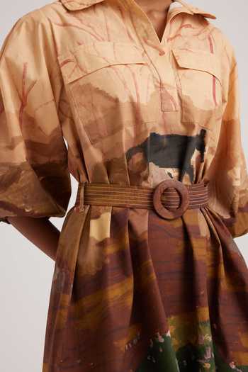 Shop_Cord_Brown Poplin Embroidery Collared Plateau Print Asymmetric Short Dress_Online_at_Aza_Fashions