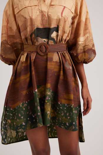 Cord_Brown Poplin Embroidery Collared Plateau Print Asymmetric Short Dress_at_Aza_Fashions