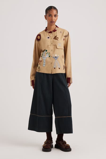 Cord Beige Linen Printed Folk Applique Band Collar Bert Embellished Shirt