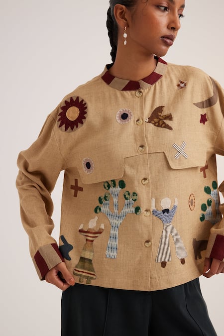 Shop_Cord_Beige Linen Embroidery Bandeau Neck Bert Applique Embellished Shirt_Online_at_Aza_Fashions