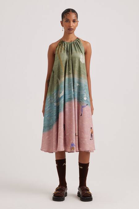 Cord_Multi Color Cotton Open Neck Skater Print Circle Dress_Online_at_Aza_Fashions