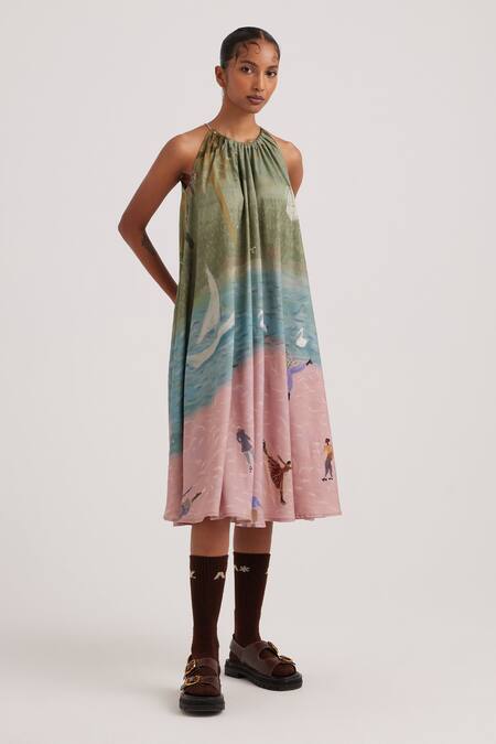 Buy_Cord_Multi Color Cotton Open Neck Skater Print Circle Dress_Online_at_Aza_Fashions