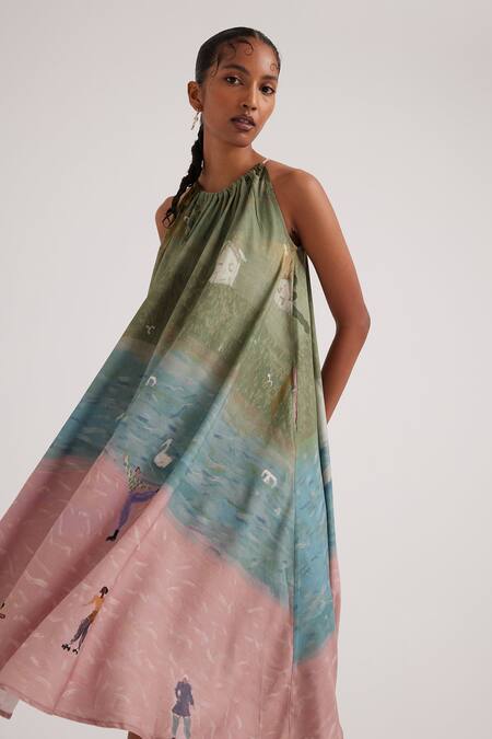 Shop_Cord_Multi Color Cotton Open Neck Skater Print Circle Dress_Online_at_Aza_Fashions