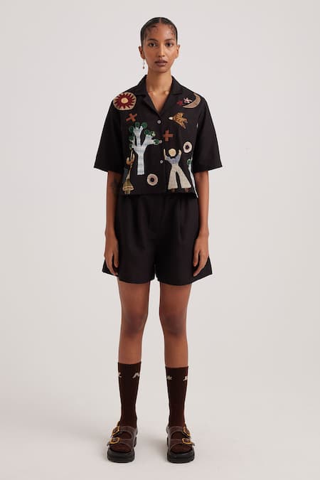Shop Cord Black Rayon Applique Collared Detailed Crop Shirt at Aza Fashions Shop_Cord_Black Rayon Applique Collared Detailed Crop Shirt_at_Aza_Fashions