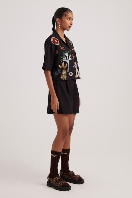 Cord Black Rayon Applique Collared Detailed Crop Shirt Online at Aza Fashions Cord_Black Rayon Applique Collared Detailed Crop Shirt_Online_at_Aza_Fashions