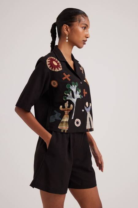 Shop Cord Black Rayon Applique Collared Detailed Crop Shirt Online at Aza Fashions Shop_Cord_Black Rayon Applique Collared Detailed Crop Shirt_Online_at_Aza_Fashions
