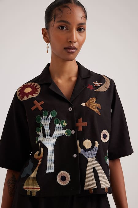 Cord Black Rayon Applique Collared Detailed Crop Shirt at Aza Fashions Cord_Black Rayon Applique Collared Detailed Crop Shirt_at_Aza_Fashions