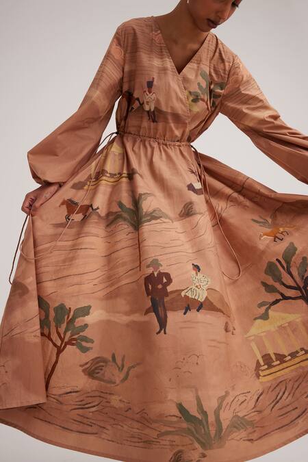 Cord_Brown Cotton Satin V-neck Derby Print Drawstring Dress_Online_at_Aza_Fashions