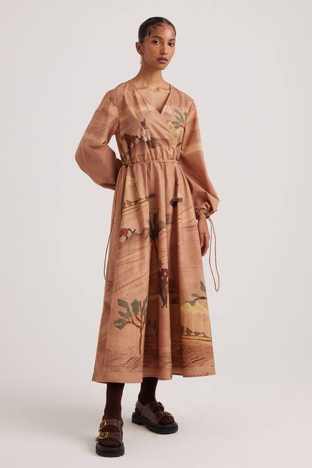 Buy_Cord_Brown Cotton Satin V-neck Derby Print Drawstring Dress_Online_at_Aza_Fashions