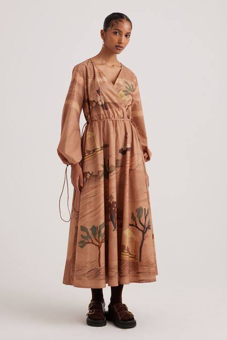 Shop_Cord_Brown Cotton Satin V-neck Derby Print Drawstring Dress_Online_at_Aza_Fashions