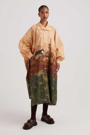 Cord_Brown Cotton Satin Collared Plateau Print Echo Shirt Dress_Online_at_Aza_Fashions