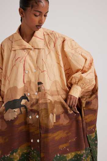 Buy_Cord_Brown Cotton Satin Collared Plateau Print Echo Shirt Dress_Online_at_Aza_Fashions