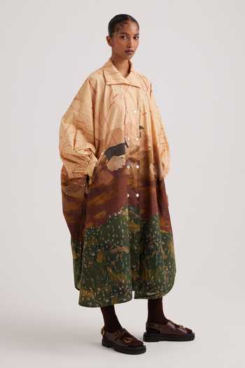 Cord_Brown Cotton Satin Collared Plateau Print Echo Shirt Dress_at_Aza_Fashions