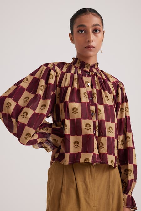 Cord Brown Cotton Dobby Printed Stamp Checkered High Neck Elsa Blouse