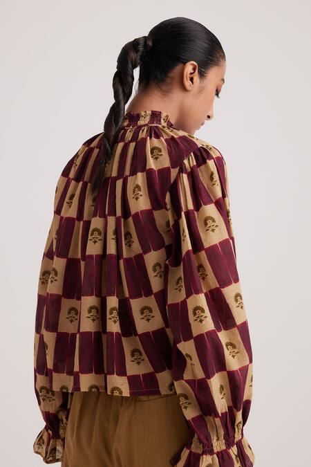 Shop_Cord_Brown Cotton High Neck Elsa Stamp Checkered Print Blouse_at_Aza_Fashions