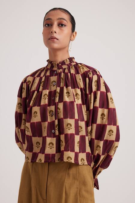Cord_Brown Cotton High Neck Elsa Stamp Checkered Print Blouse_Online_at_Aza_Fashions