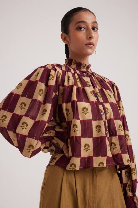 Buy_Cord_Brown Cotton High Neck Elsa Stamp Checkered Print Blouse_Online_at_Aza_Fashions