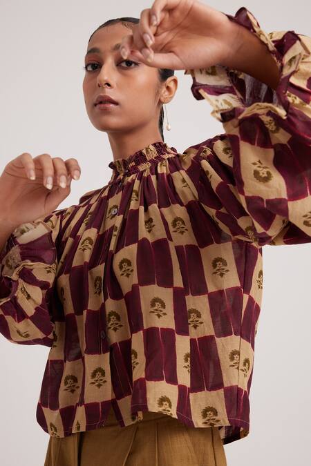 Shop_Cord_Brown Cotton High Neck Elsa Stamp Checkered Print Blouse_Online_at_Aza_Fashions