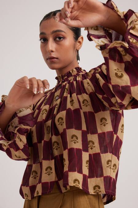 Cord_Brown Cotton High Neck Elsa Stamp Checkered Print Blouse_at_Aza_Fashions