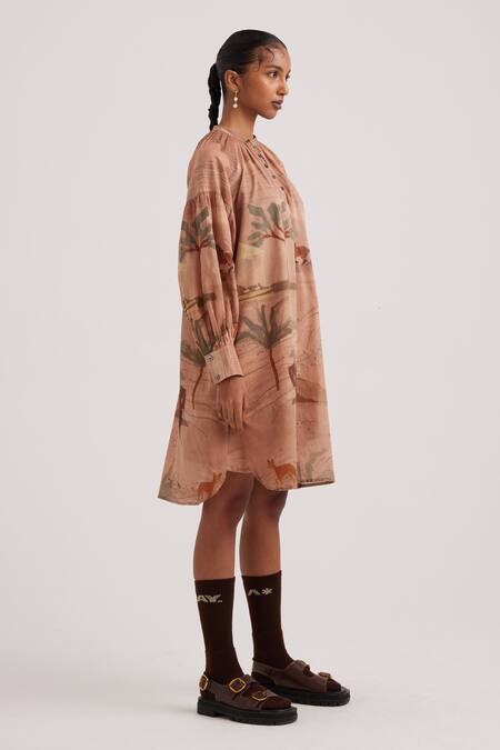 Cord_Brown Cotton, Voile Embroidery Bandeau Neck Derby Print Essential Tunic_Online_at_Aza_Fashions